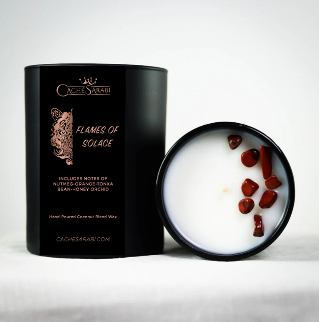 ndulge in the Flames Of Solace Candle, a luxurious scented experience to harmonize your well-being. Rejoice in a warm blend of nutmeg, orange, and tonka bean to instantly reduce stress and create a sense of calm.